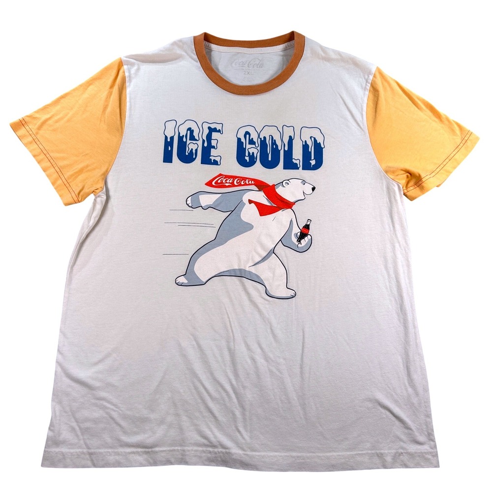 Coca-Cola T-Shirt Ice Cold Polar Bear Graphic‎ Cotton 2XL White Yellow Retro